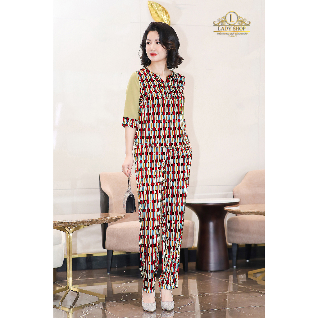 Bộ lụa tay phối voan họa tiết sọc Ladyshop thời trang trung niên cao cấp T162