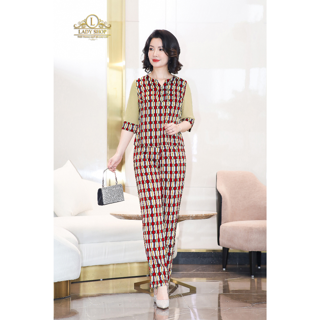 Bộ lụa tay phối voan họa tiết sọc Ladyshop thời trang trung niên cao cấp T162