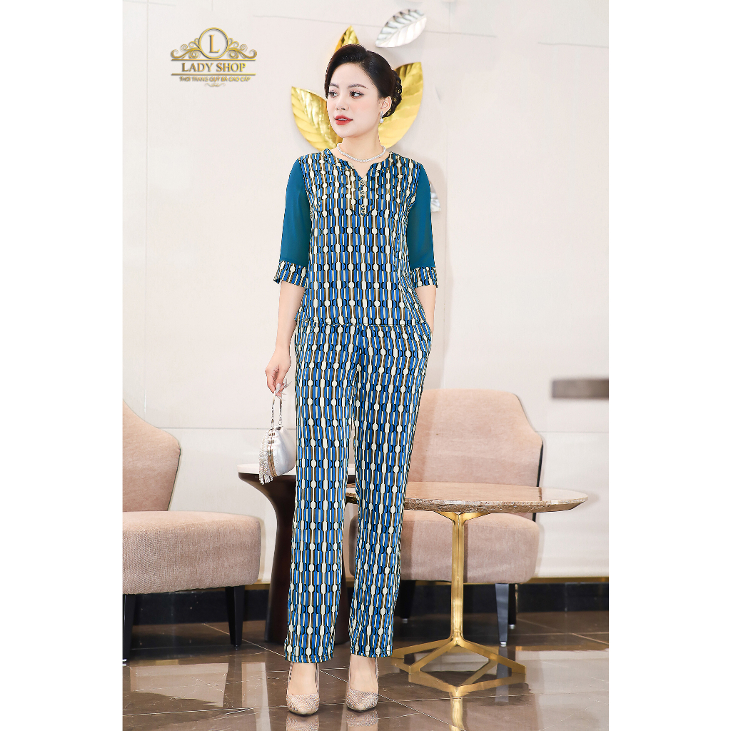 Bộ lụa tay phối voan họa tiết sọc Ladyshop thời trang trung niên cao cấp T162