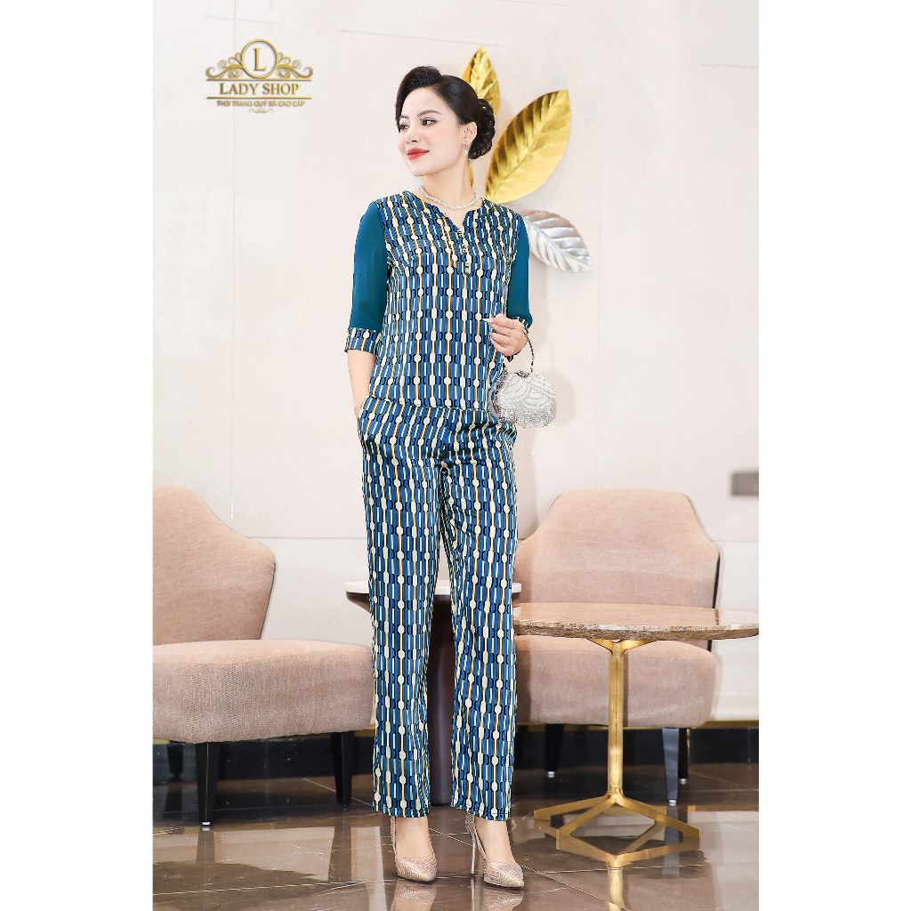 Bộ lụa tay phối voan họa tiết sọc Ladyshop thời trang trung niên cao cấp T162