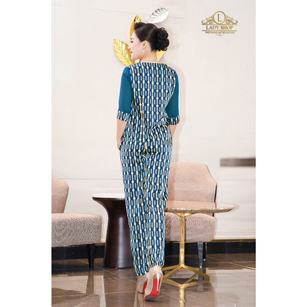Bộ lụa tay phối voan họa tiết sọc Ladyshop thời trang trung niên cao cấp T162