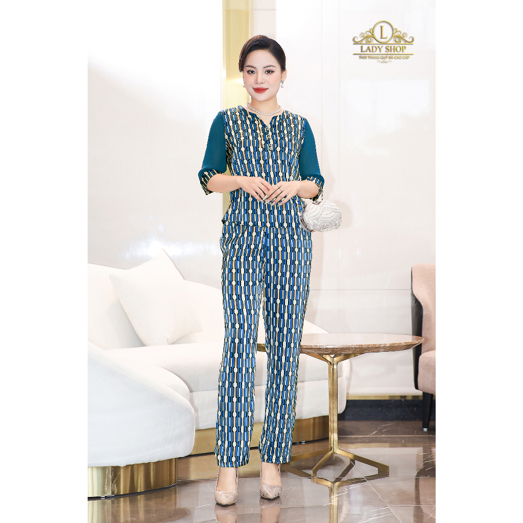 Bộ lụa tay phối voan họa tiết sọc Ladyshop thời trang trung niên cao cấp T162