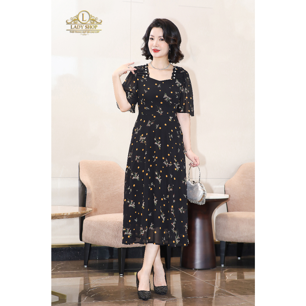Đầm voan chấm bi nhún vai Ladyshop thời trang trung niên cao cấp T160