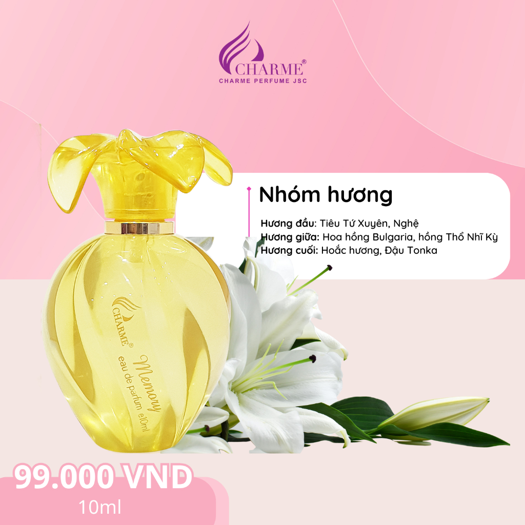 Nước hoa nữ thơm lâu, Charme Memory, nước hoa chính hãng, mùi hương sang trọng, nữ tính, kiêu kỳ chai 10ml
