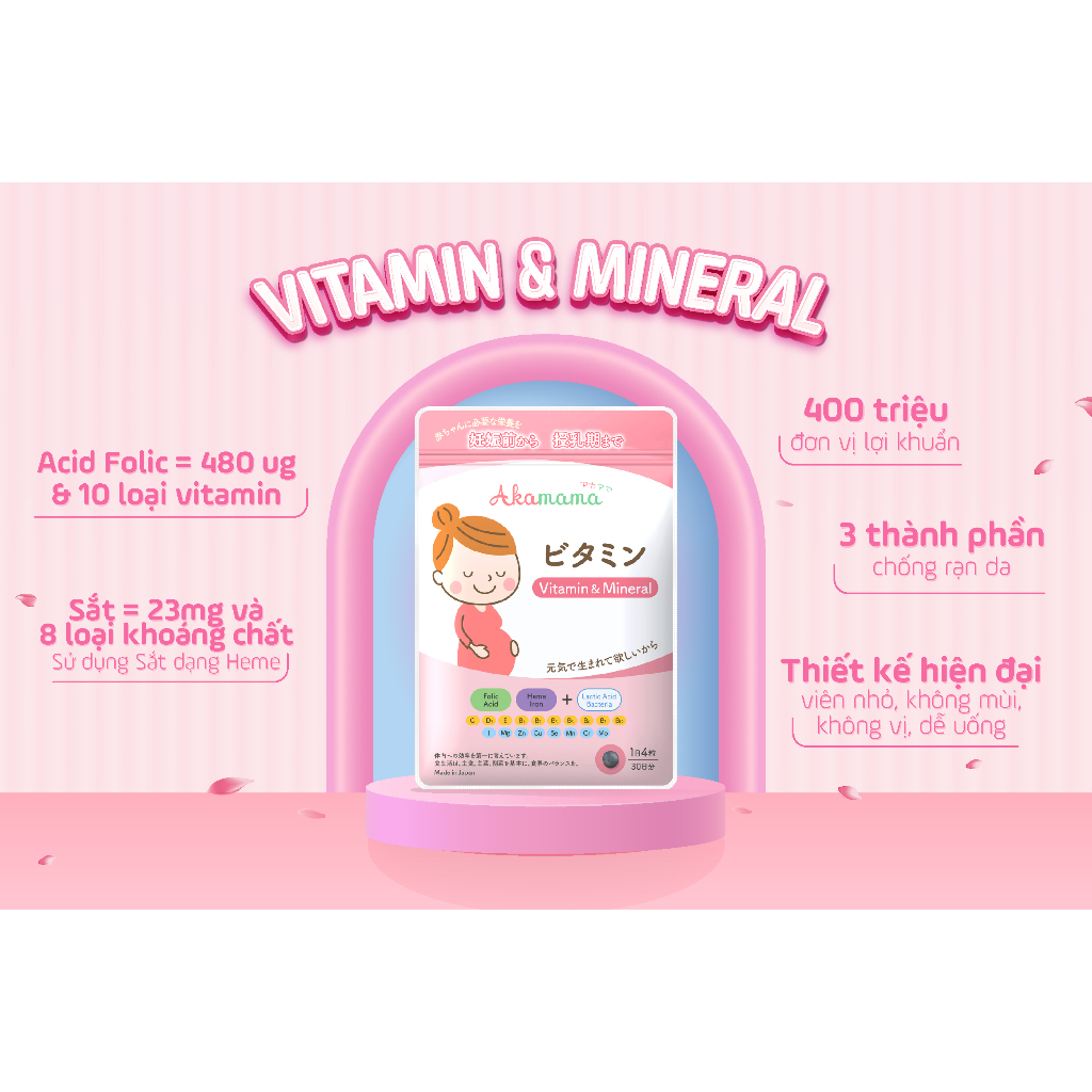 Sắt và Acid folic Vitamin Akamama cho mẹ bầu Nhật Bản thai kì phát triển hạn chế rạn da [Quà xinh cho mẹ và bé]