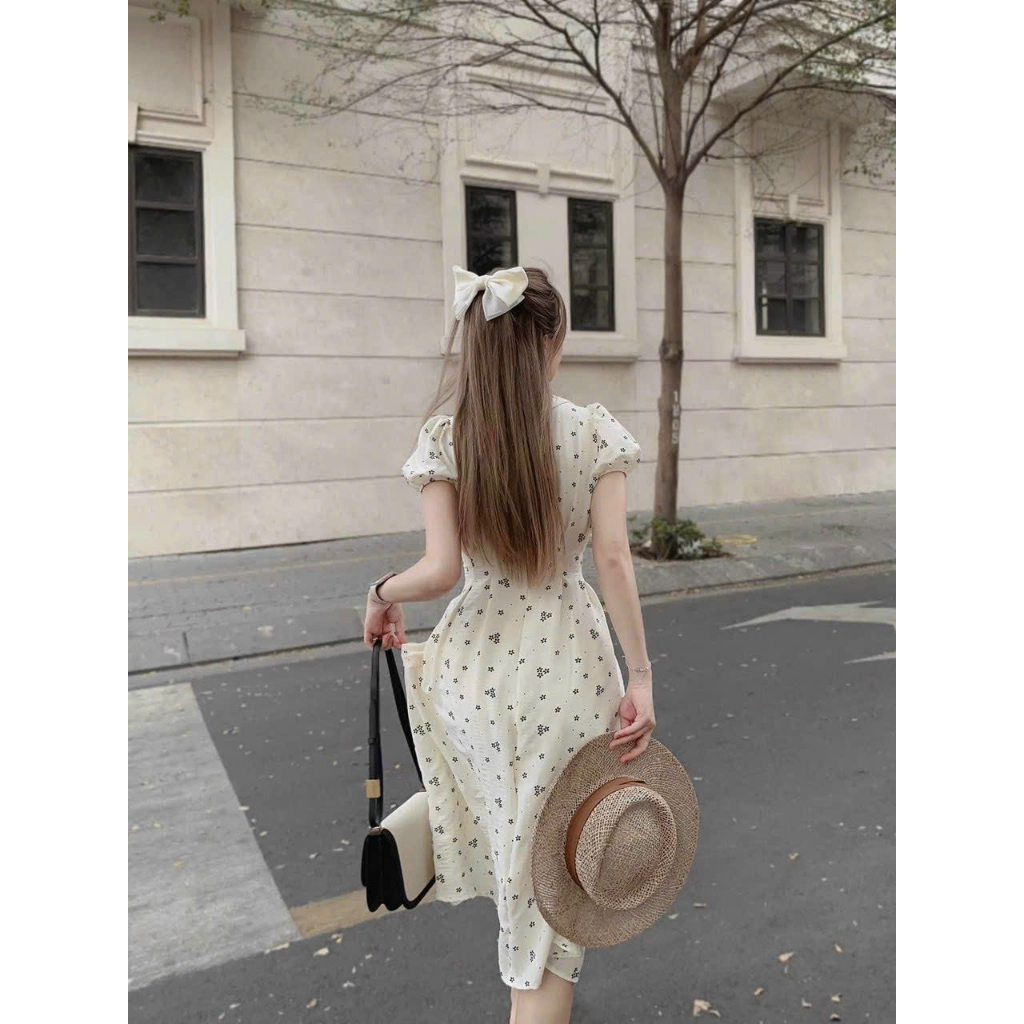 Váy đầm nữ chất xốp hoa cao cấp cổ sen phối túi thanh lịch duyên dáng