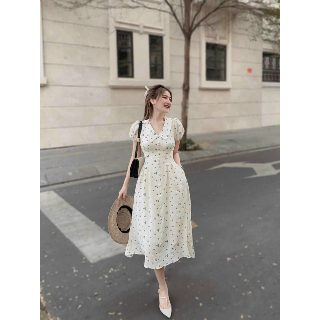 Váy đầm nữ chất xốp hoa cao cấp cổ sen phối túi thanh lịch duyên dáng