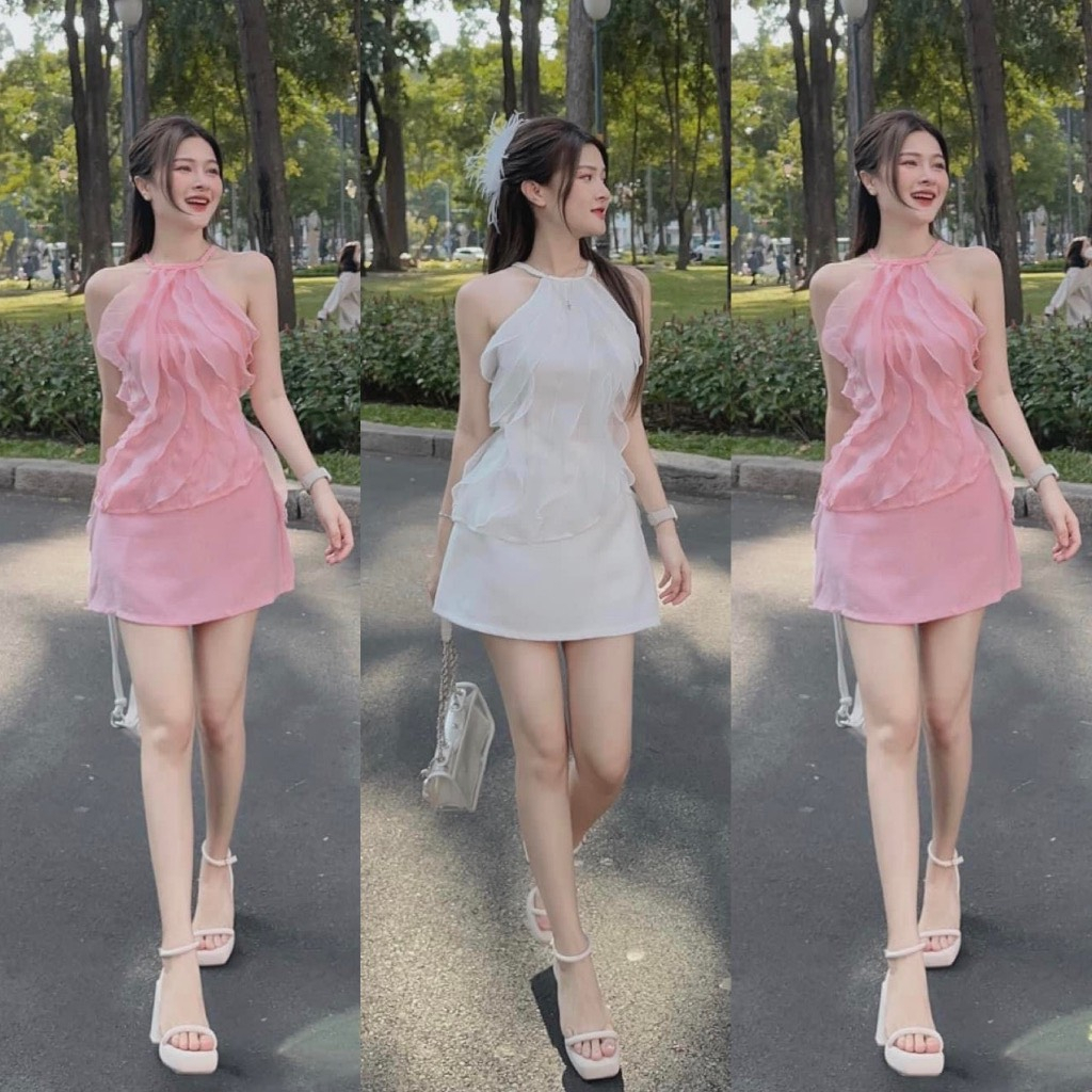 Sét bộ đồ nữ áo voan phối bèo phối chân váy ngắn chữ cùng tông màu sang chảnh
