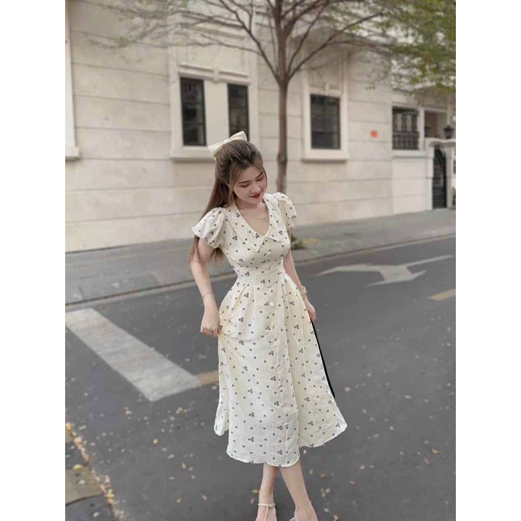 Váy đầm nữ chất xốp hoa cao cấp cổ sen phối túi thanh lịch duyên dáng