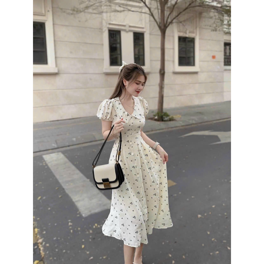 Váy đầm nữ chất xốp hoa cao cấp cổ sen phối túi thanh lịch duyên dáng