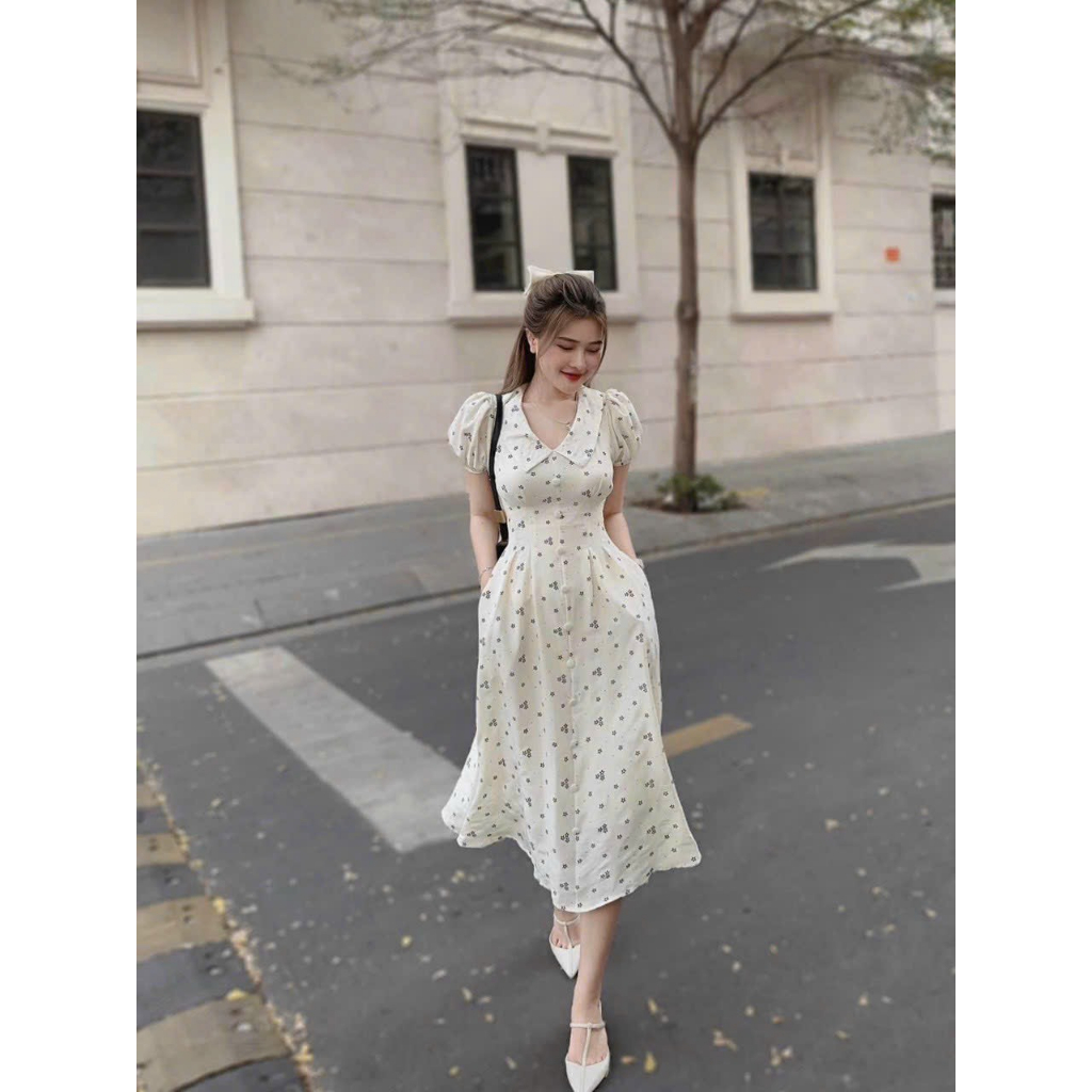 Váy đầm nữ chất xốp hoa cao cấp cổ sen phối túi thanh lịch duyên dáng