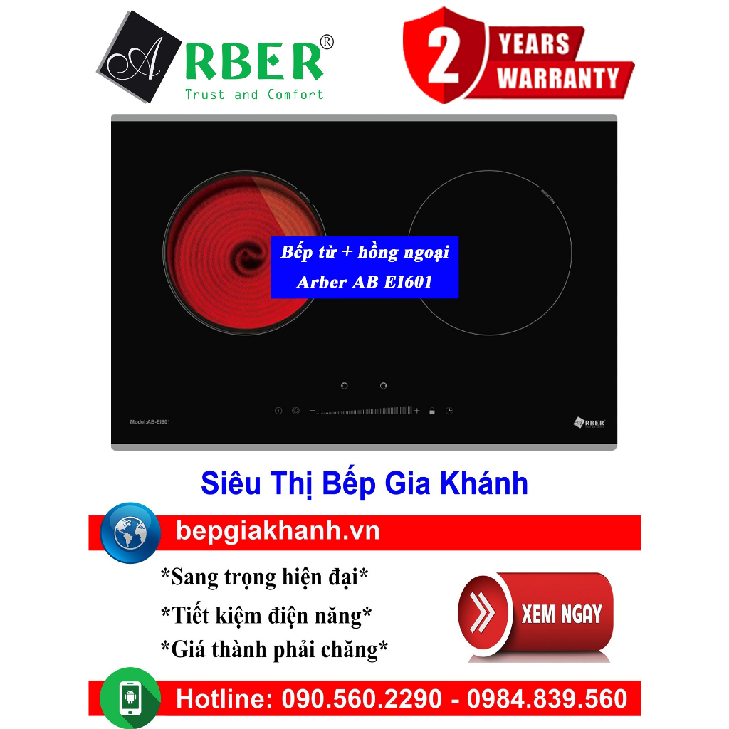 Bếp điện từ Arber AB-EI601 - 2 vùng nấu, mặt kính chịu lực và nhiệt cao, lắp âm hoặc để nổi