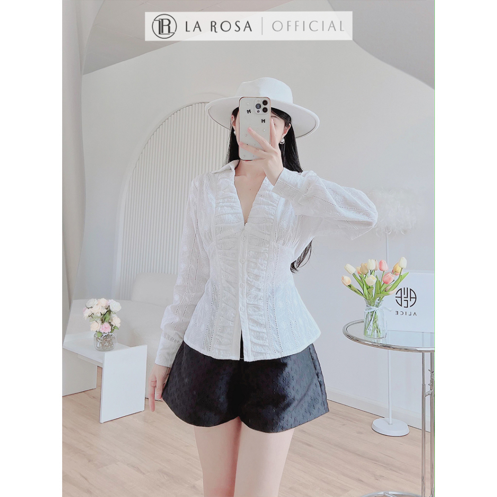 Set Áo Sơ Mi Thô Mềm Thêu Hoa Nổi Phối Quần Đùi LV Chất Tafta LAROSA, Set Tiểu Thư Sang Chảnh, Dễ Mặc A286 Q283