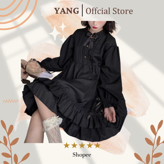 Đầm, Váy  Lolita kèm nơ dáng ngắn dài tay buộc nơ lưng poli mềm màu đen huyền bí, tiểu thư
