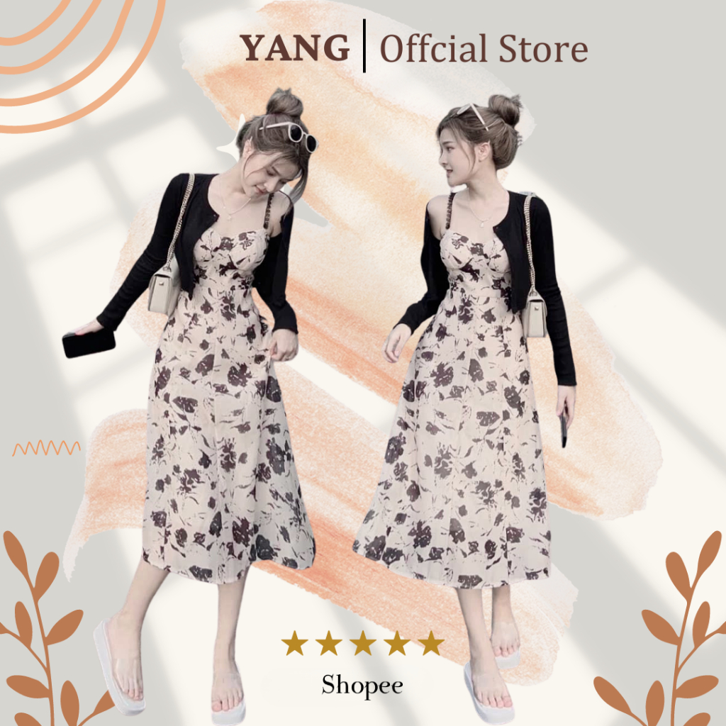 Đầm, Váy hai dây ren dáng dài midi đệm ngực kèm áo khoác croptop thun gân mỏng mềm màu đen hoa ulzzang, dịu dàng