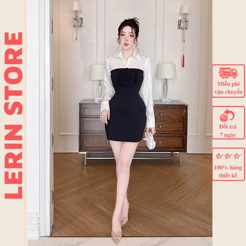 Váy Sơ Mi Dáng Ngắn Đầm Body Tay Dài Hoa Ngực Chất Chéo Hàn_LERIN V379
