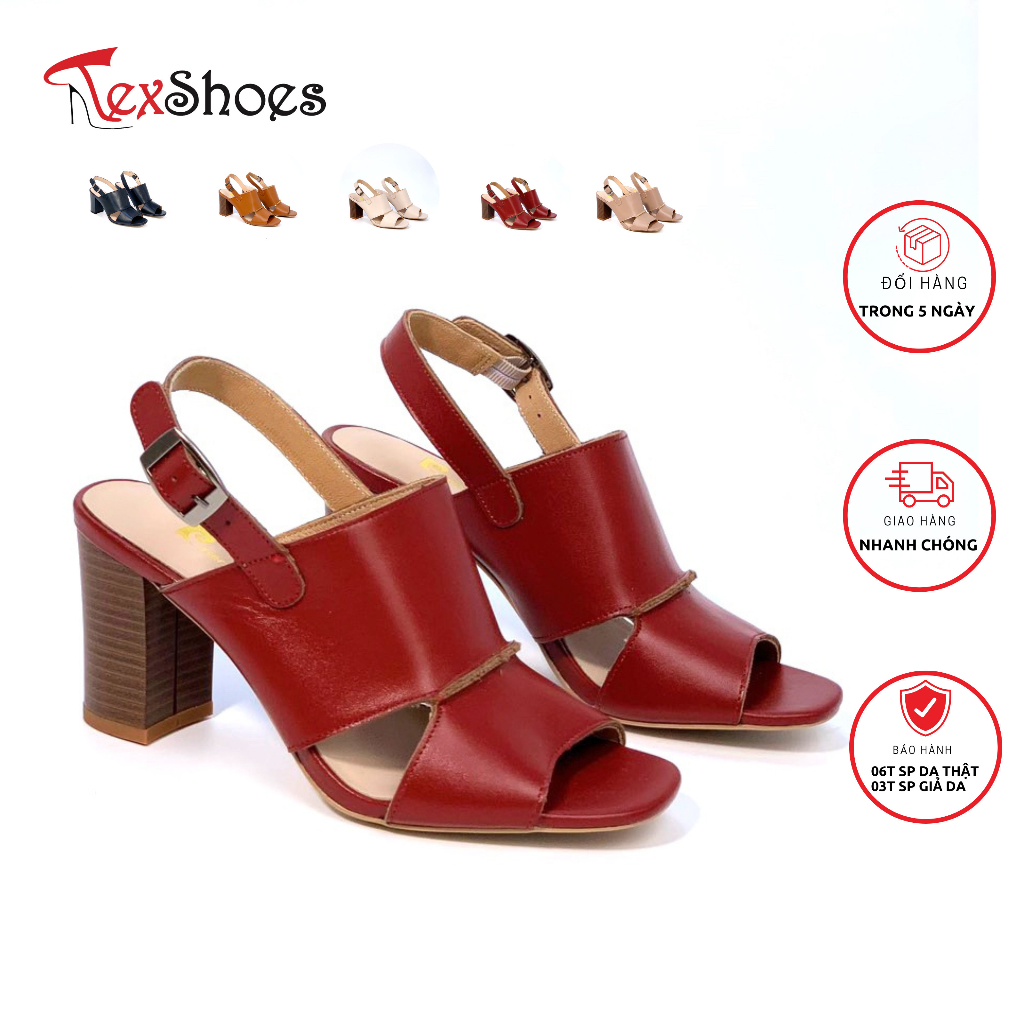 Dép sandal nữ da bò Ý thời trang cao cấp gót trụ 8cm VNXK TEX SHOES