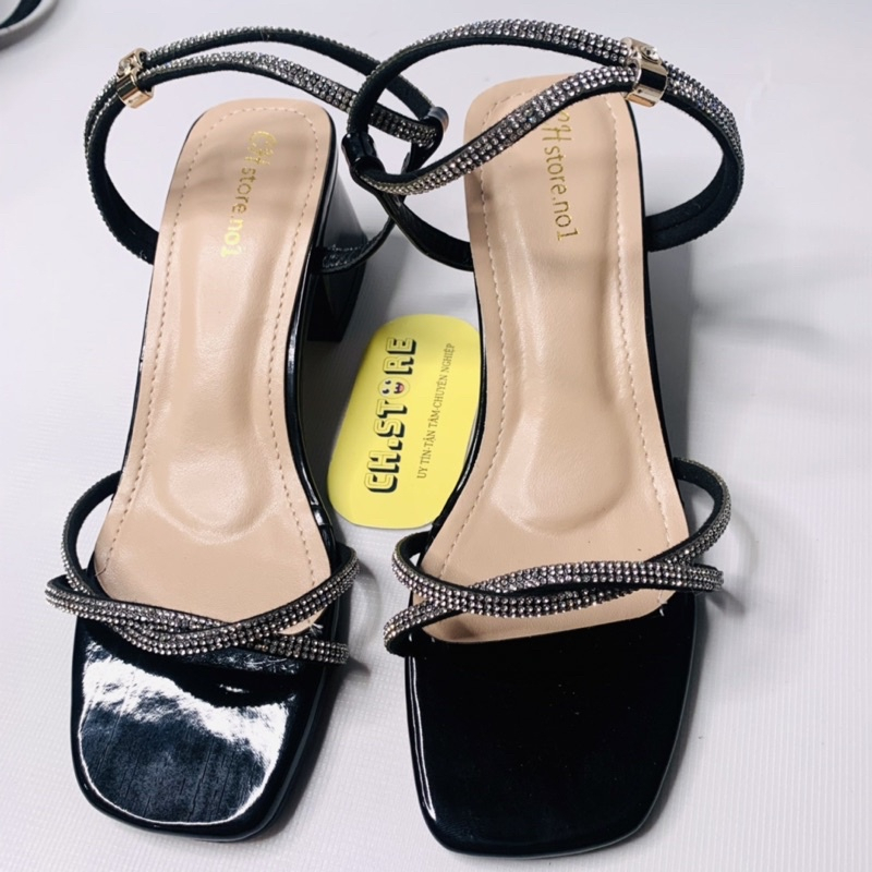 Sandal cao gót nữ, guốc quai hậu đính hạt xoàn gót 5p-7p mã E17