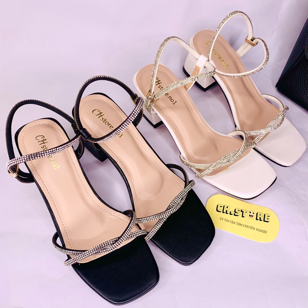 Sandal cao gót nữ, guốc quai hậu đính hạt xoàn gót 5p-7p mã E17