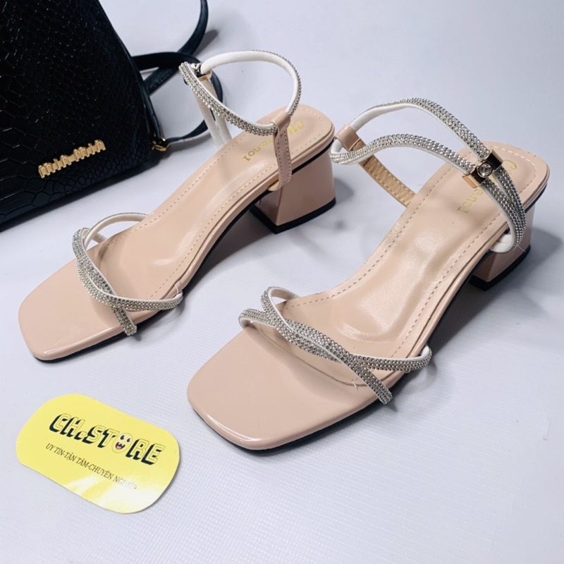 Sandal cao gót nữ, guốc quai hậu đính hạt xoàn gót 5p-7p mã E17