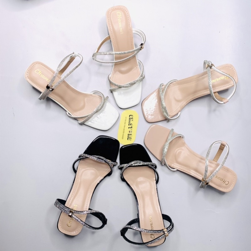 Sandal cao gót nữ, guốc quai hậu đính hạt xoàn gót 5p-7p mã E17