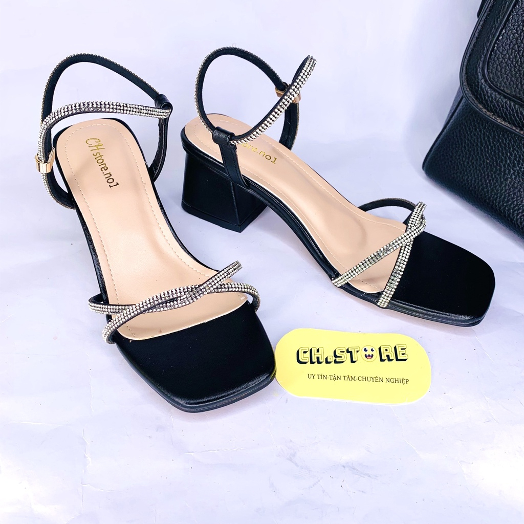 Sandal cao gót nữ, guốc quai hậu đính hạt xoàn gót 5p-7p mã E17