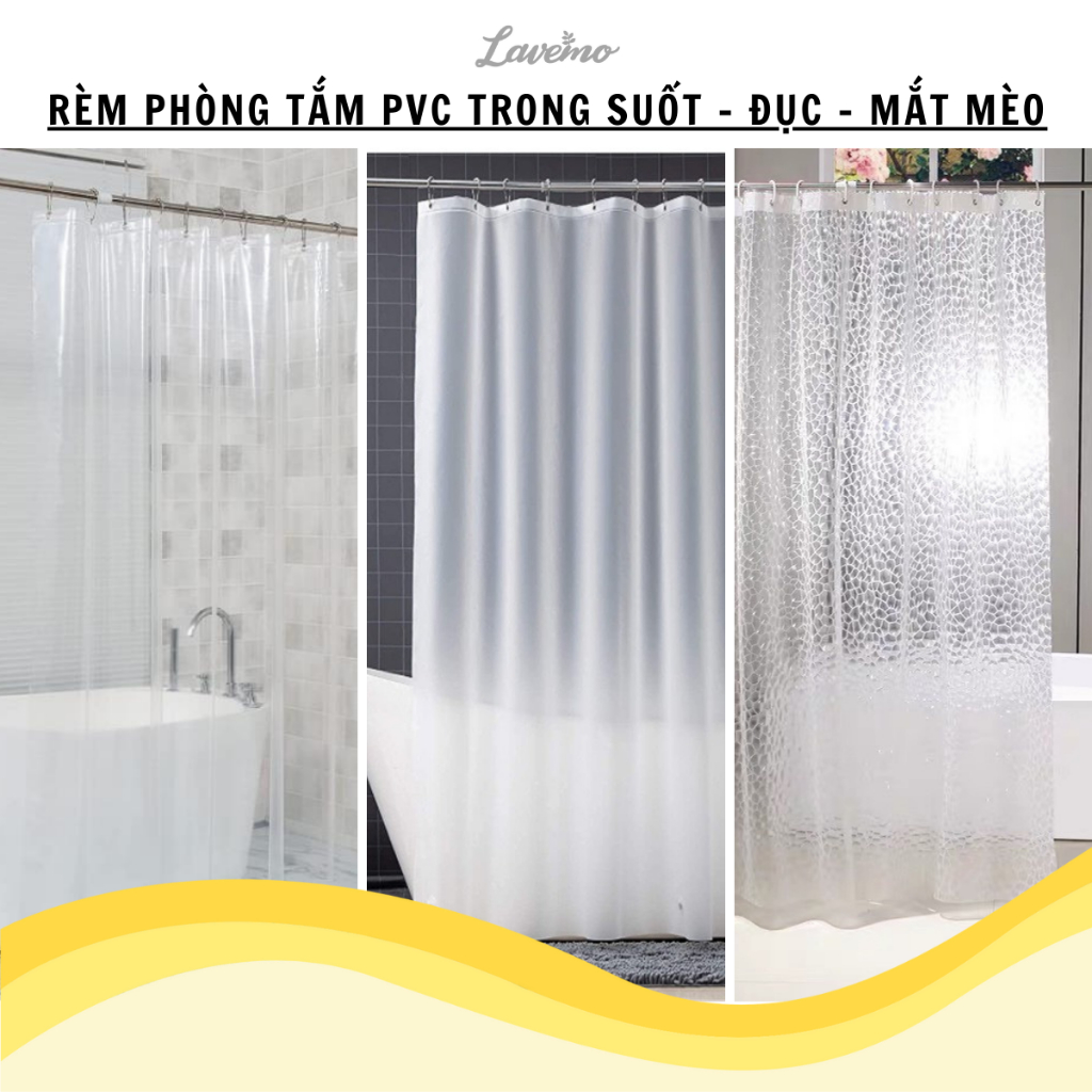 Rèm Phòng Tắm/ Rèm Cửa Sổ Trắng Trong Suốt Mắt Mèo và Đục LAVEMO 180cm x 180cm Loại 1 PVC PEVA