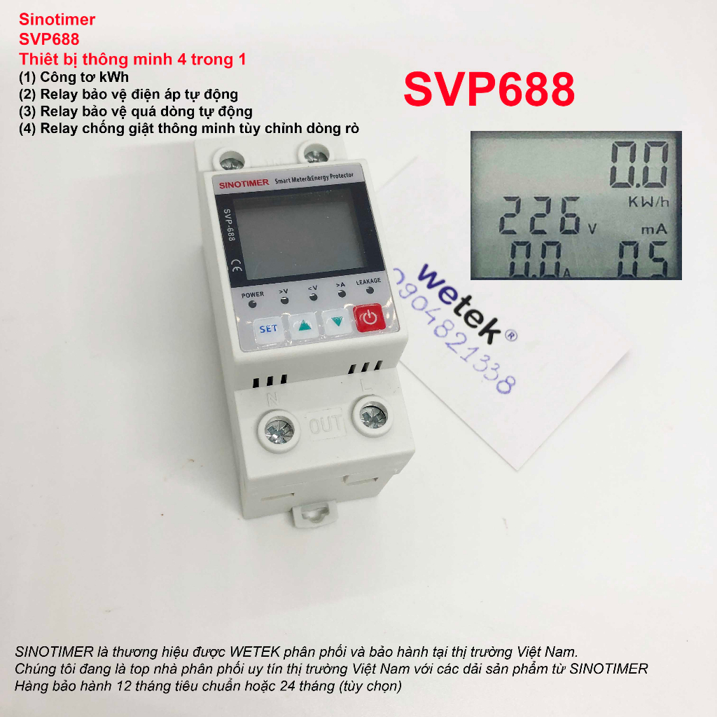 SVP688 Sinotimer Át tổng chống giật thông minh 4 TRONG 1 (công tơ + chống giật + bảo vệ áp + dòng), BH12T, 220V 63A