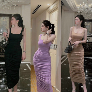 Đầm ôm body sát nách nhún from dài sexy - Thun borip