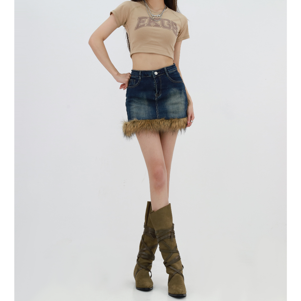 Chân Váy Jeans Xanh Phối Lông Phong Cách Y2k, Chân Váy Vintage Ngắn Không Lót Ulzzang