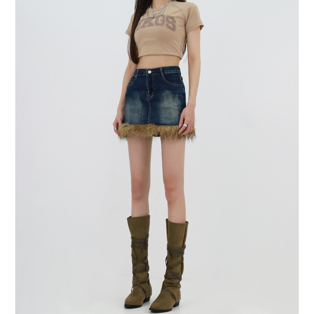 Chân Váy Jeans Xanh Phối Lông Phong Cách Y2k, Chân Váy Vintage Ngắn Không Lót Ulzzang