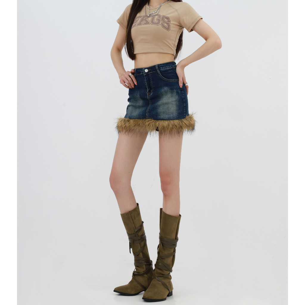 Chân Váy Jeans Xanh Phối Lông Phong Cách Y2k, Chân Váy Vintage Ngắn Không Lót Ulzzang