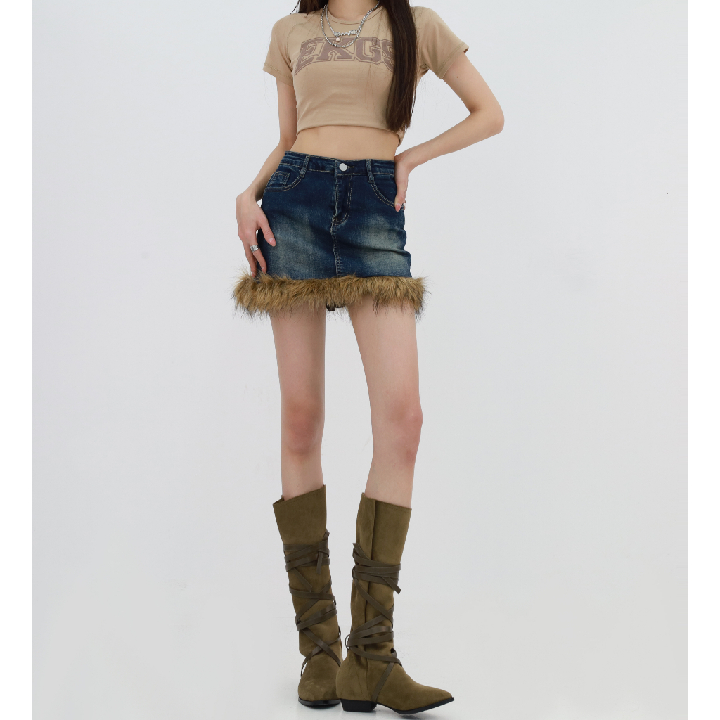 Chân Váy Jeans Xanh Phối Lông Phong Cách Y2k, Chân Váy Vintage Ngắn Không Lót Ulzzang