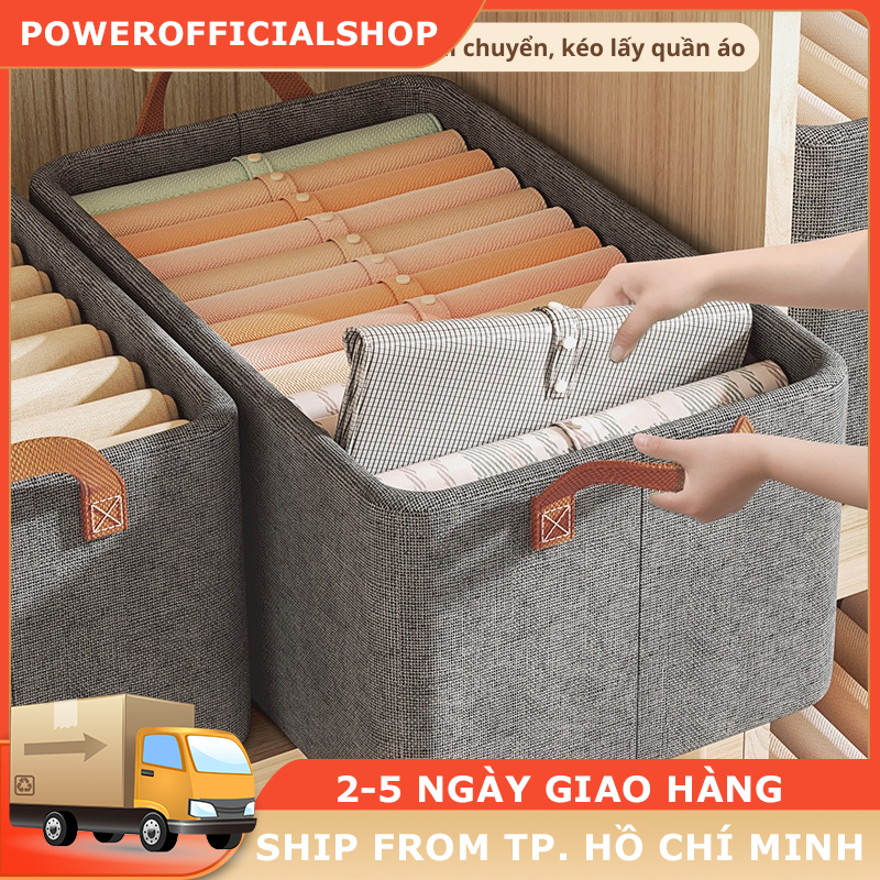Hộp đựng xếp quần áo, có khung thép, vải Cation, mặt đáy khung gỗ, tay cầm tiện lợi