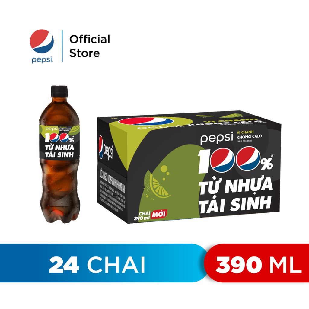 [HỎA TỐC] Thùng 24 Chai Nước Ngọt Có Gaz Pepsi Vị Chanh Không Calo (390ml /chai)