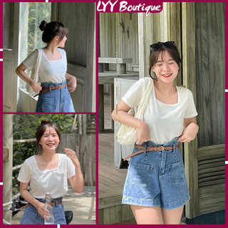 Áo phông giấy cổ vuông tay ngắn freesize nhiều màu hot hit siêu xinh chất mát LYY BOUTIQUE