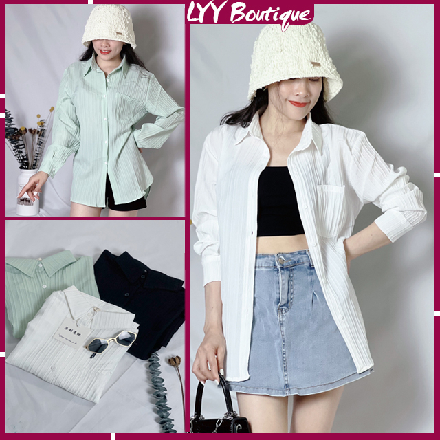 Áo sơ mi gân nhăn dài tay form rộng chất đũi mát,  áo sơ mi nữ dài tay túi ngực basic phong cách  Hàn Quốc LYY BOUTIQUE