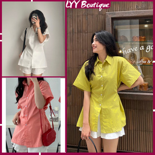 Áo sơ mi nữ tay ngắn xẻ tà cách điệu cúc khuy eo bảng màu siêu hot mùa hè LYY BOUTIQUE