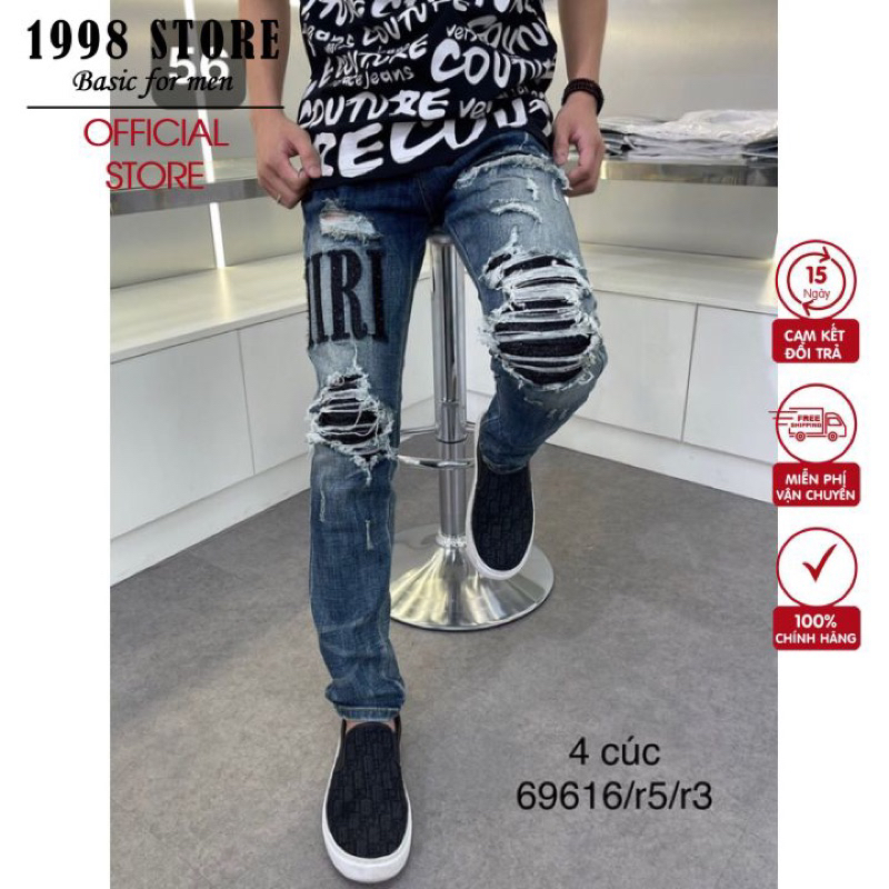 Quần AMIRI Xanh Mài Bạc Gối Đen Quần Bò Nam Xanh Khóii Ống Côn Gối Vá Họa Tiết Trend S T O R E 1998