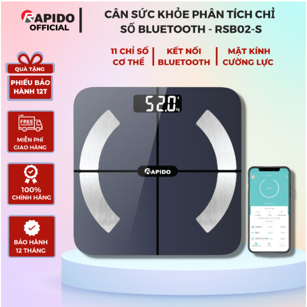 Cân Sức Khoẻ Điện Tử Thông Minh Rapido RSB02-S Có bluetooth-Hàng Chính Hãng Bảo Hành 12 Tháng 