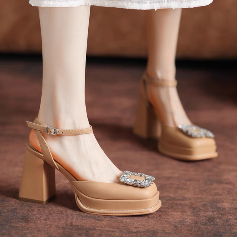 ORDER 💜 Giày gắn đá da trơn gót vuông 9cm 34-39