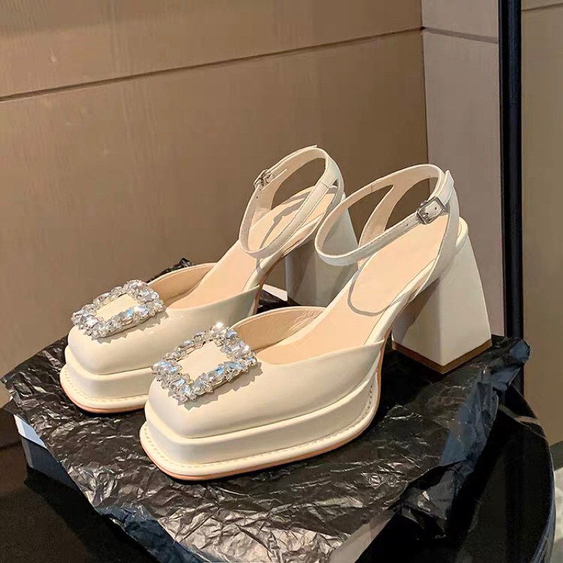 ORDER 💜 Giày gắn đá da trơn gót vuông 9cm 34-39