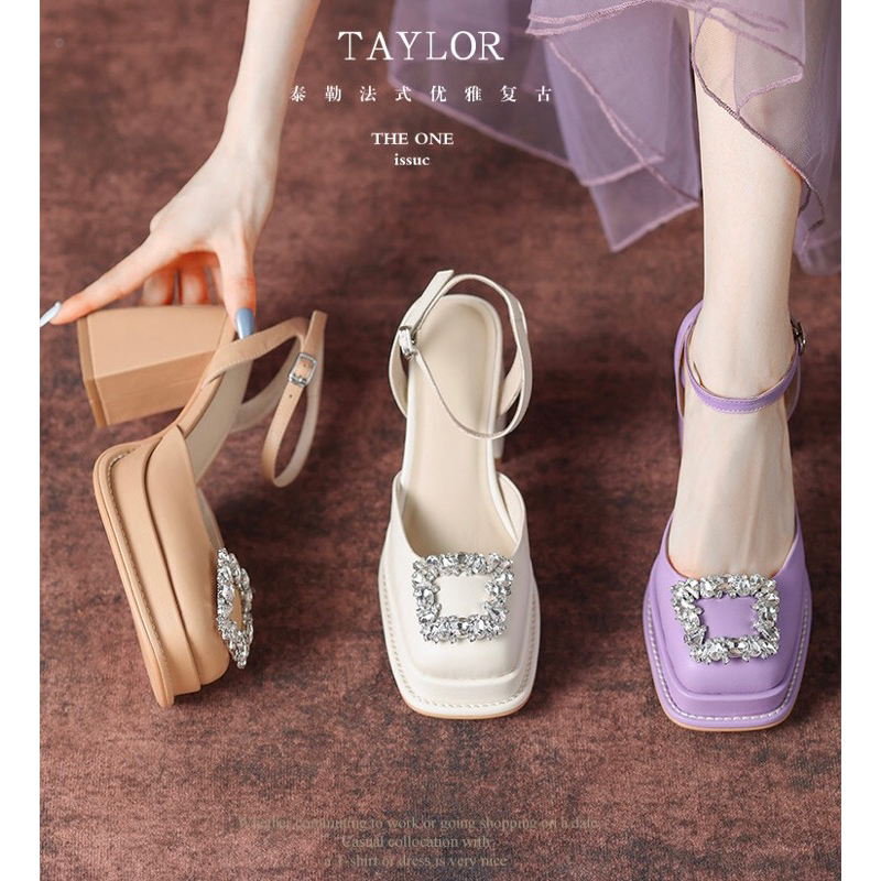 ORDER 💜 Giày gắn đá da trơn gót vuông 9cm 34-39