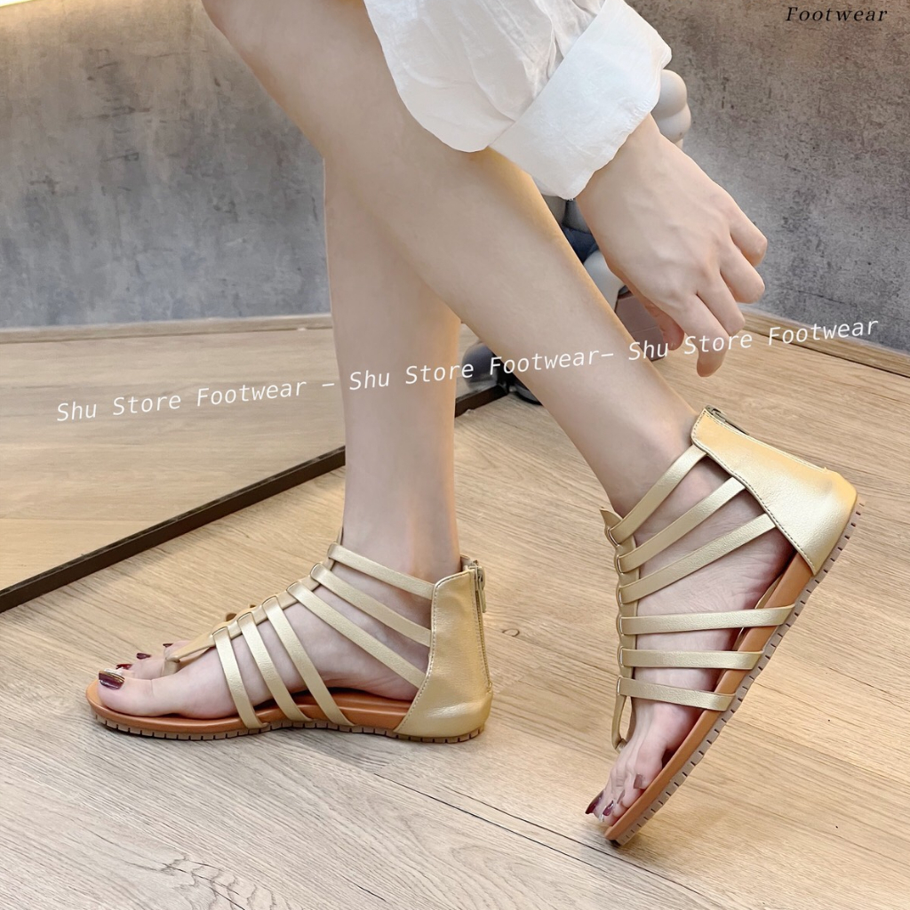 Shu Store | Sandal đế bệt khóa kéo sau Sandal chiến binh thời trang năng động xinh xắn