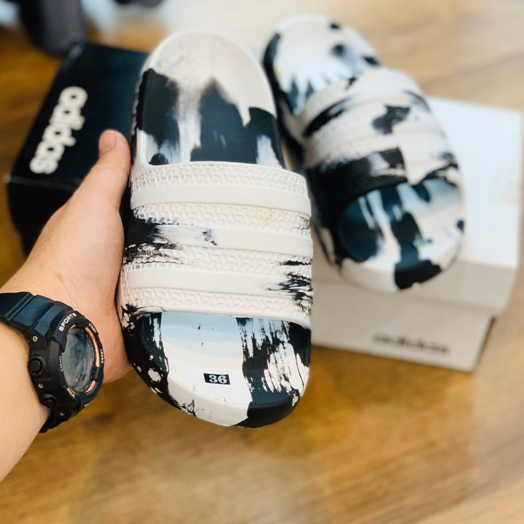 Dép đúc Adilette Ayoon -chọn tăng 1 size- dép đúc nguyên khối ADI AYOON  quai ngang nam nữ siêu êm,Đen Loang