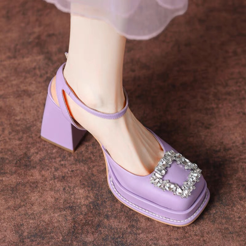 ORDER 💜 Giày gắn đá da trơn gót vuông 9cm 34-39