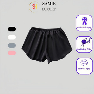 Quần đùi nữ mặc nhà, màu đen trắng hồng xám, quần ngủ lụa ống rộng thun ngắn mịn mát co giãn.