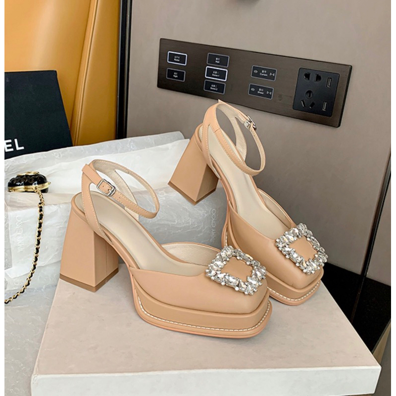 ORDER 💜 Giày gắn đá da trơn gót vuông 9cm 34-39