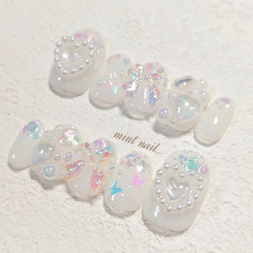 Móng giả thiết kế màu thạch L007 đính nơ nhiều màu hologram luci.nailbox