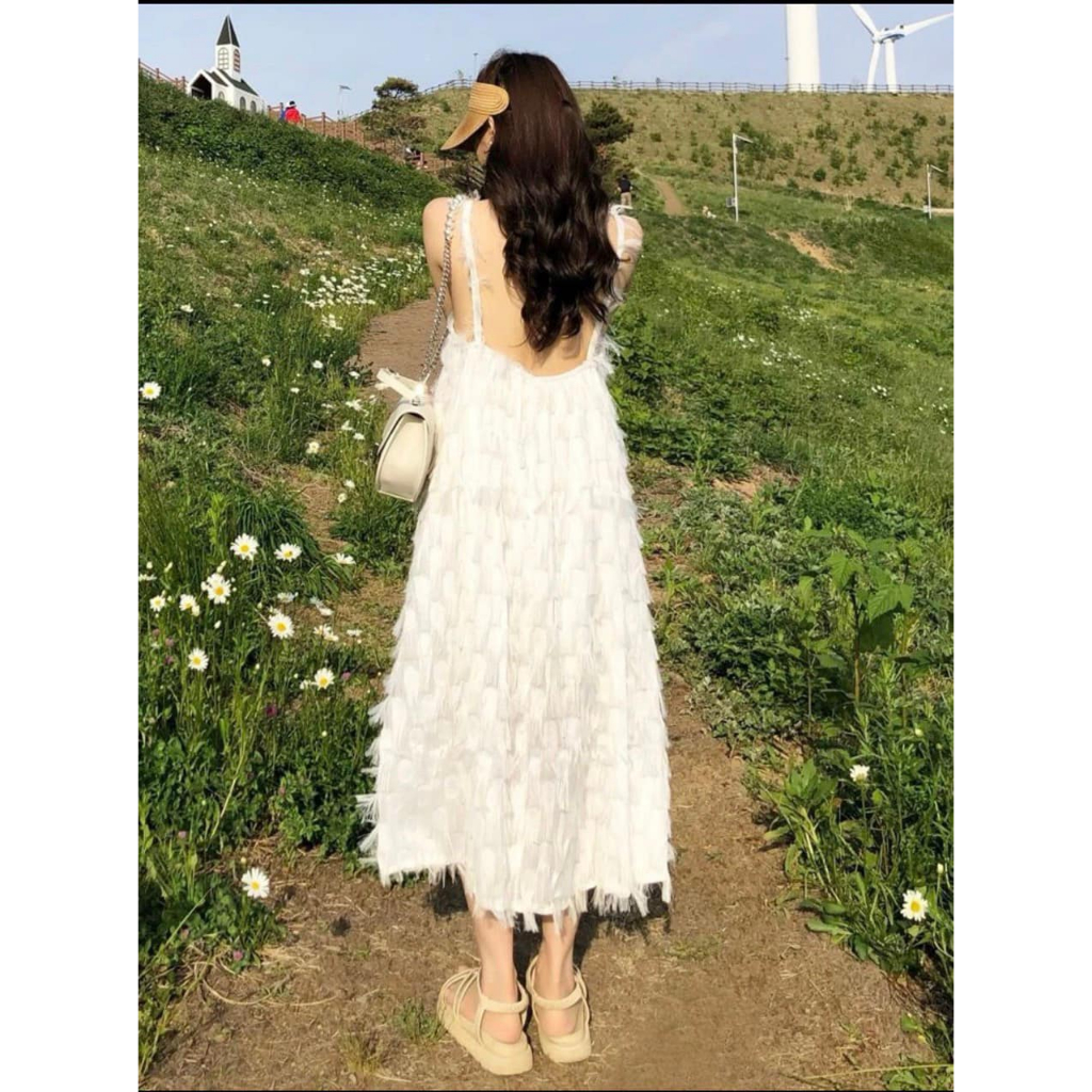 Đầm midi 2s trắng voan lông cao cấp NÀNG CLOSET